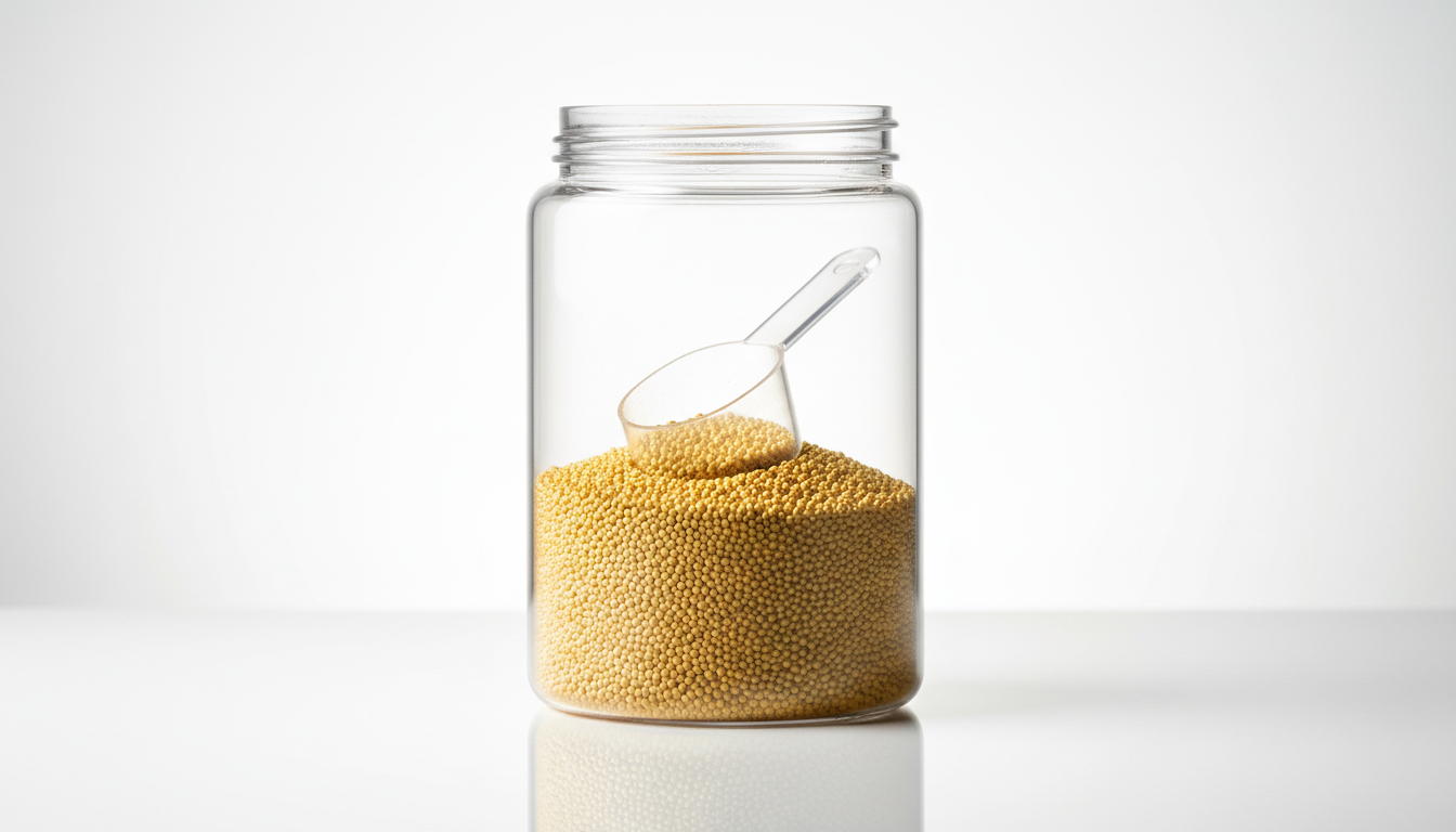 A close-up shot of a sparkling translucent scoop resting atop a mound of fine, golden-yellow powder supplement granules in a sleek, transparent acrylic canister. The canister sits on a seamless, bright white surface that reflects soft diffused studio lighting, causing the granules to shimmer gently. There is a minimalist, uncluttered backdrop that emphasizes the product’s purity and premium quality. The mood is energetic and fresh, while the composition uses rule of thirds to highlight the scoop and texture variations. The artistic style is clean and modern, tailored for a contemporary online vitamin store interface.