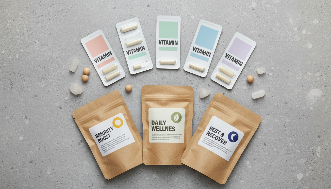 An assortment of elegant, matte-finish vitamin blister packs and eco-friendly paper supplement pouches, arranged in a flat lay composition on a cool gray stone countertop. The labels feature subtle pastel accent colors and bold, clear typography. Overhead studio lighting softly illuminates the scene, bringing out the subtle textures of the packaging materials, while casting barely-there shadows for a gentle, inviting effect. The overall mood is organized and accessible, perfect for reassuring customers browsing a health-focused store. The photo-realistic, minimalist aesthetic ensures the products are the visual focus, reinforcing a sense of reliability and modernity.